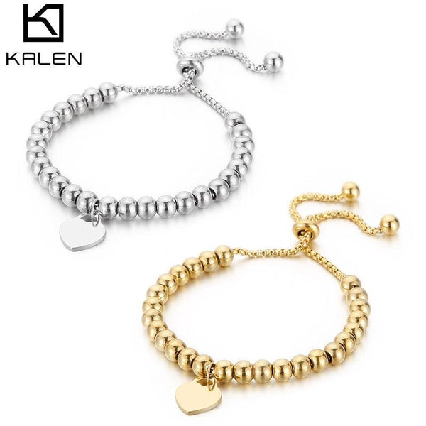 KALEN Heart Pendant Bead Bracelet For Women Stainless Steel Adjustable Braided Silver/Gold Color Lucky Box Fashion Party Jewelry.