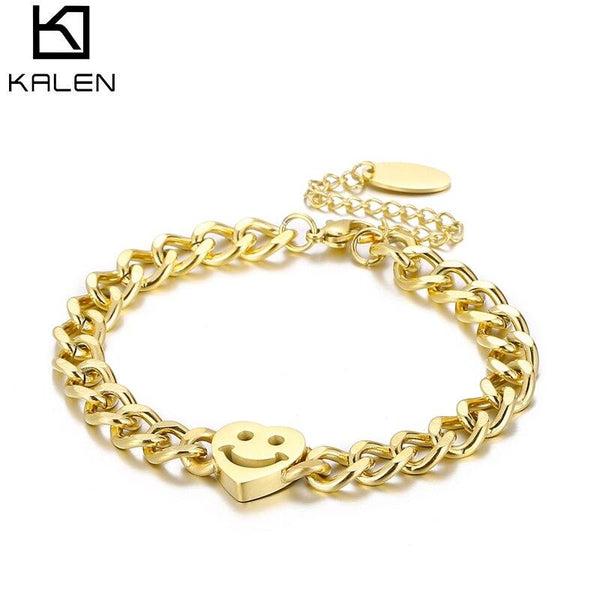 KALEN Heart Smiley Bracelet Face Charms Bracelet for Women Hot Fashion Silver Gold Color Handmade Stainless Steel Cuban Bracelet.