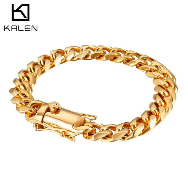 Kalen High Quality Stainless Steel 11mm Wide Men's Bracelet Cuban Chain Heavy Chain Hip Hop Jewelry.