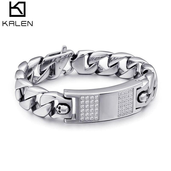 Kalen High Quality Stainless Steel Skull Inlaid Zircon Men's Bracelet Charm Punk Jewelry Accessories.