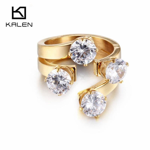Kalen High Quality Women Wedding Rings Rhinestone &amp; Stainless Steel Gold Color Unique Engagement Rings Bands Girls Party Gifts.