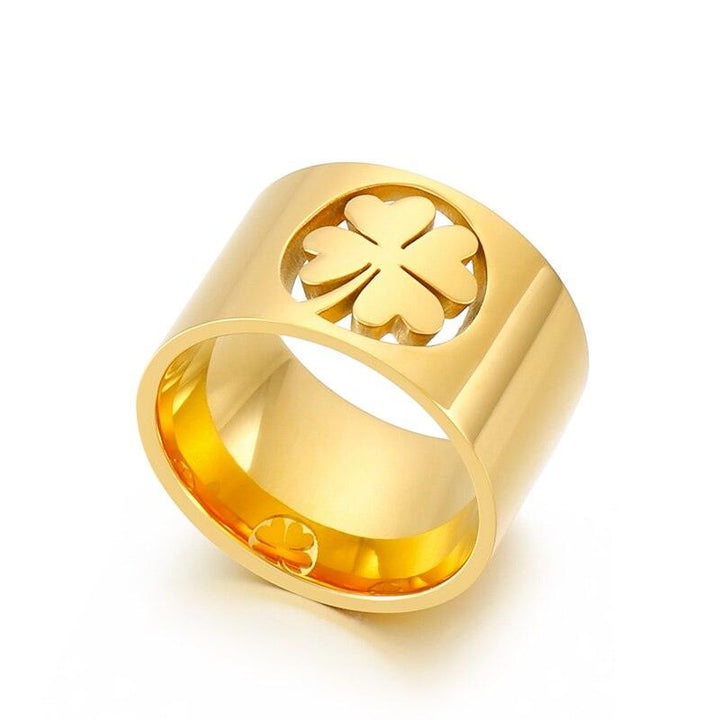 Kalen Hollow Clover Pattern Ring Stainless Steel 18k Gold Plated Engraving Wildflower Tea Leaf Cross Signet Rings For Women.