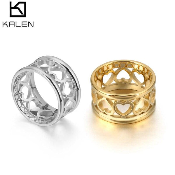 KALEN Hollowed-out Heart Shape Ring Design Cute Fashion Love Jewelry for Women Girl Child Gifts 6-9#Size Stainless Steel Ring.