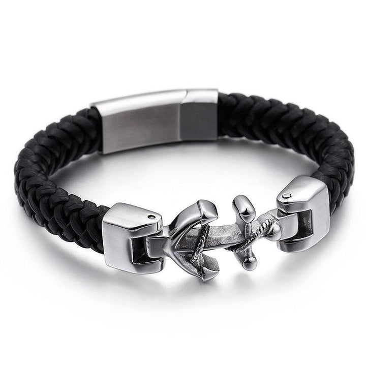 Kalen Leather Stainless Steel Anchor Bracelet For Men - kalen