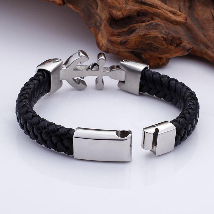 Kalen Leather Stainless Steel Anchor Bracelet For Men - kalen