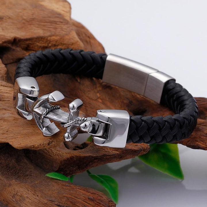 Kalen Leather Stainless Steel Anchor Bracelet For Men - kalen