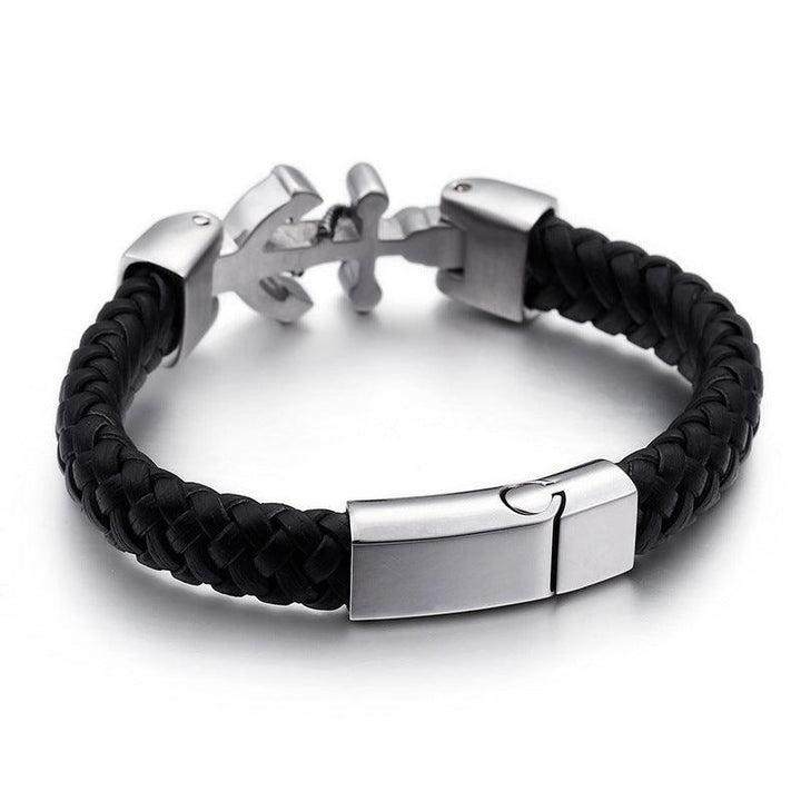 Kalen Leather Stainless Steel Anchor Bracelet For Men - kalen