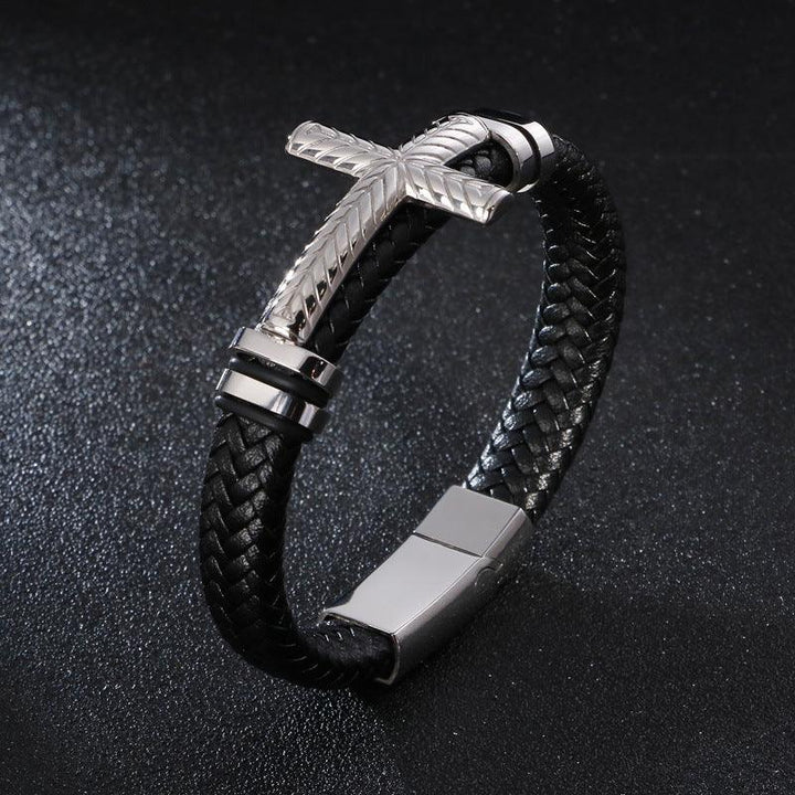 Kalen Leather Stainless Steel Cross Charm Bracelet For Men - kalen