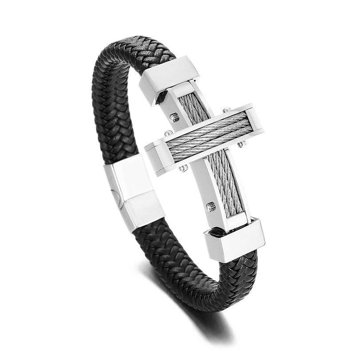 Kalen Leather Stainless Steel Cross Charm Bracelet For Men - kalen