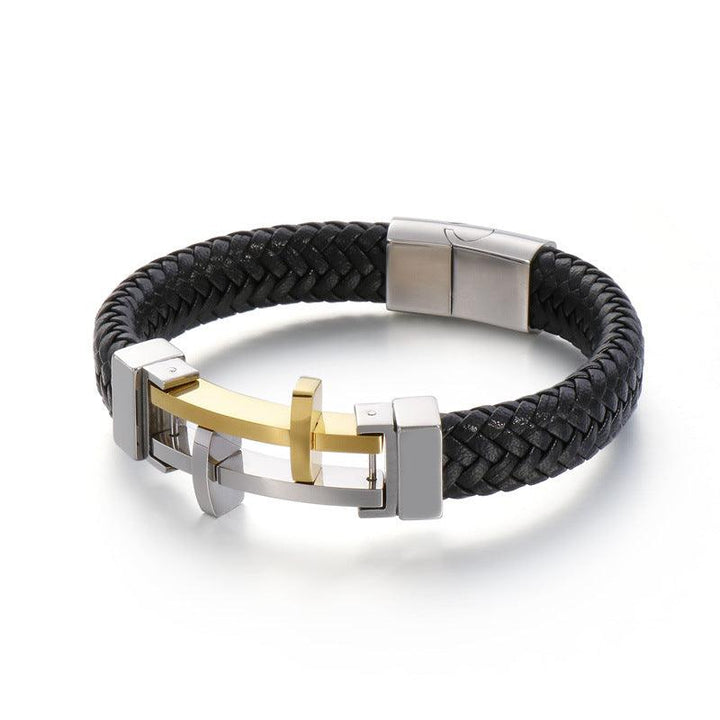Kalen Leather Stainless Steel Cross Charm Bracelet For Men - kalen