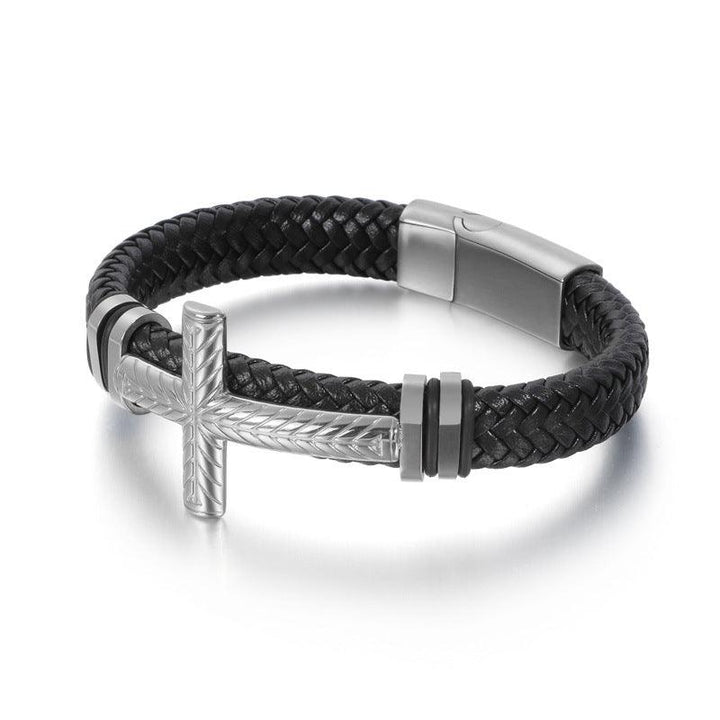 Kalen Leather Stainless Steel Cross Charm Bracelet For Men - kalen