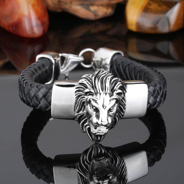 Kalen Leather Stainless Steel Lion Animal Charm Bracelet For Men - kalen