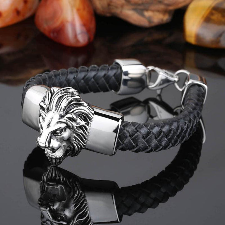Kalen Leather Stainless Steel Lion Animal Charm Bracelet For Men - kalen