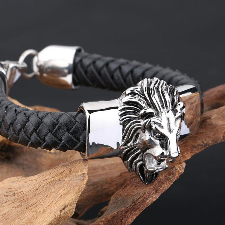 Kalen Leather Stainless Steel Lion Animal Charm Bracelet For Men - kalen