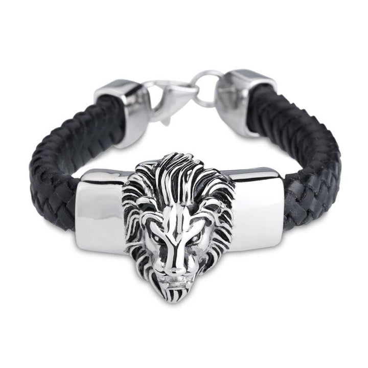 Kalen Leather Stainless Steel Lion Animal Charm Bracelet For Men - kalen