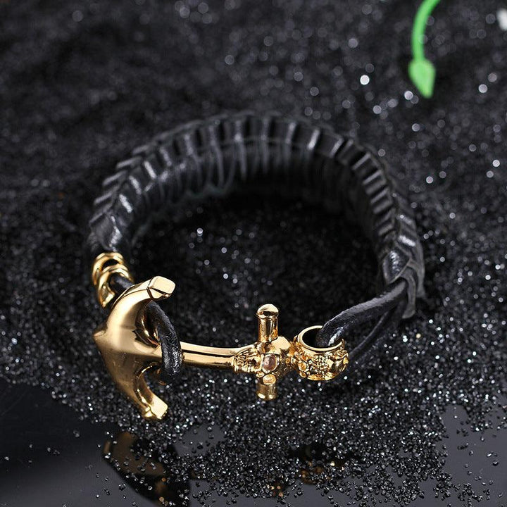 Kalen Leather Stainless Steel SKull Anchor Bracelet For Men - kalen