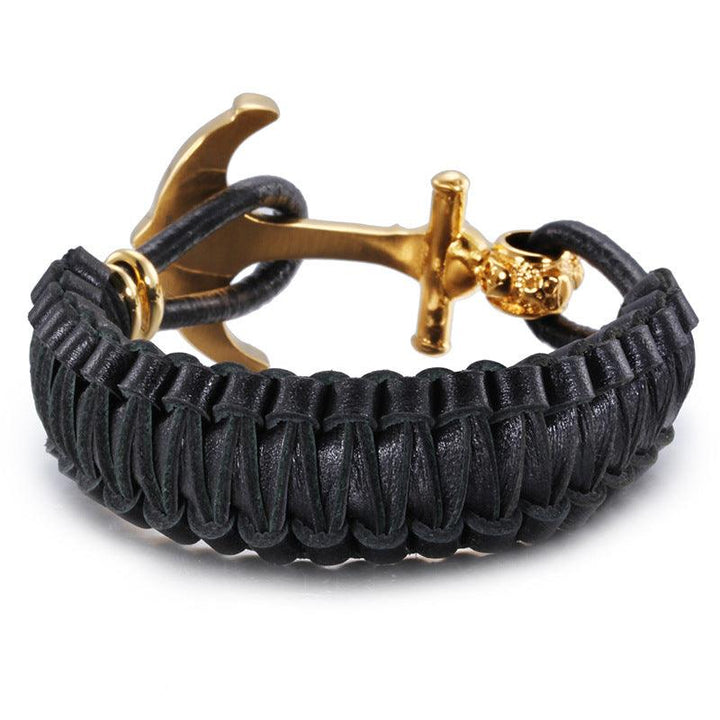 Kalen Leather Stainless Steel SKull Anchor Bracelet For Men - kalen