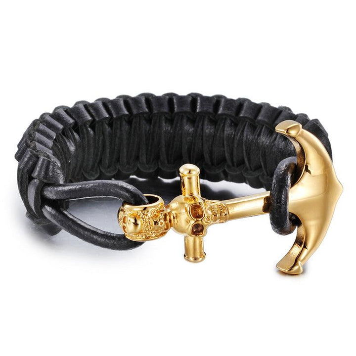 Kalen Leather Stainless Steel SKull Anchor Bracelet For Men - kalen