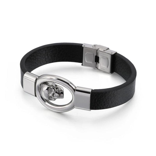 Kalen Leather Stainless Steel SKull Charm Bracelet For Men - kalen