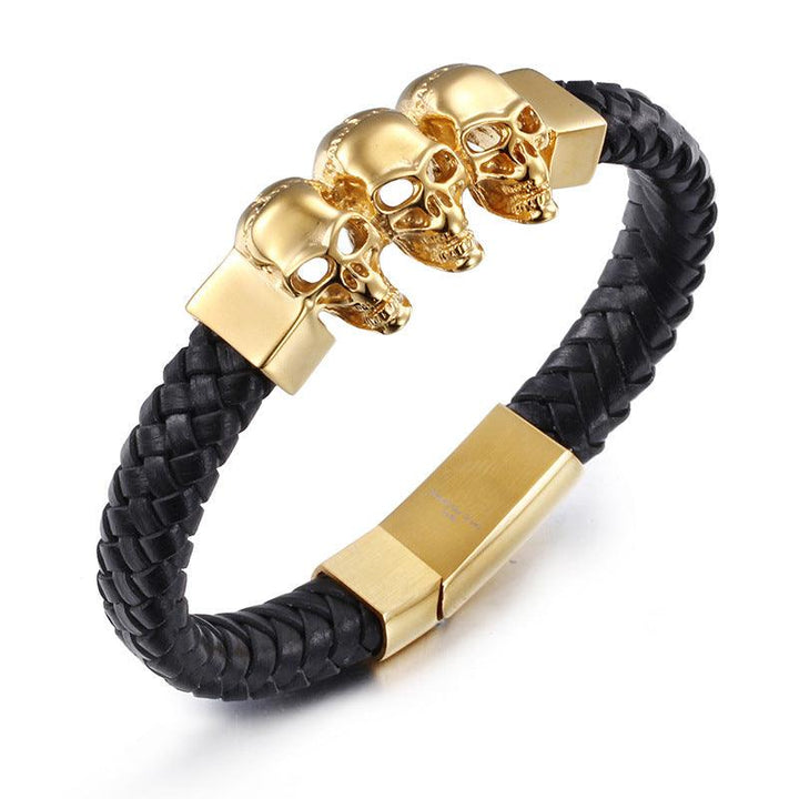 Kalen Leather Stainless Steel Skull Charm Bracelet For Men - kalen