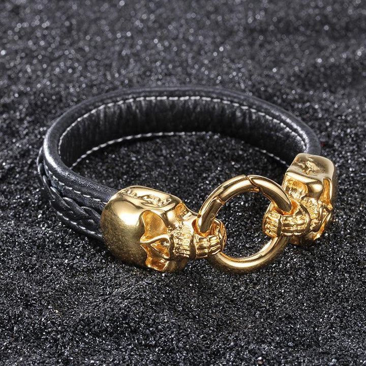 Kalen Leather Stainless Steel SKull Charm Bracelet For Men - kalen