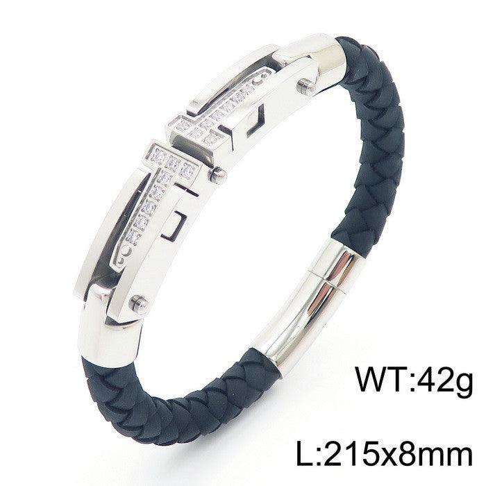 Kalen Leather Stainless Steel Zircon Charm Bracelet For Men - kalen