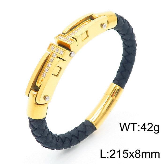 Kalen Leather Stainless Steel Zircon Charm Bracelet For Men - kalen