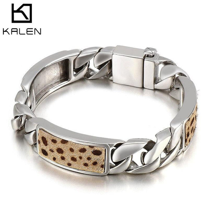 Kalen Leopard Velvet Stitching Bracelet Men's Stainless Steel Charm Wild Bracelets Jewelry.