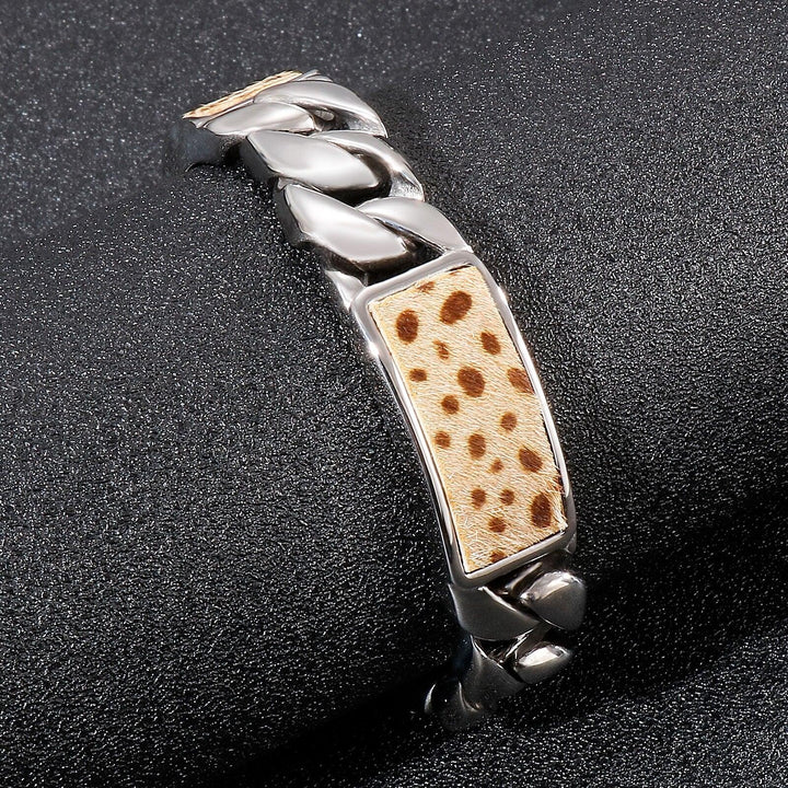 Kalen Leopard Velvet Stitching Bracelet Men's Stainless Steel Charm Wild Bracelets Jewelry.