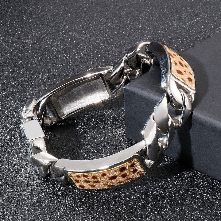 Kalen Leopard Velvet Stitching Bracelet Men's Stainless Steel Charm Wild Bracelets Jewelry.