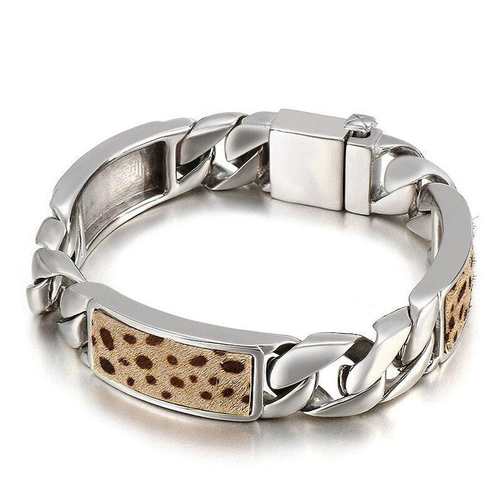 Kalen Leopard Velvet Stitching Bracelet Men's Stainless Steel Charm Wild Bracelets Jewelry.