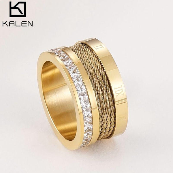 KALEN Luxury Rhinestone Rings For Women Stainless Steel Gold/Silver Color Roman Numerals Finger Rings Female Wedding Rings.