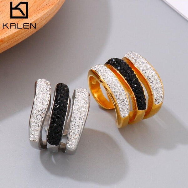 Kalen Luxury Women Ring Lines Geometry Cubic Zirconia Shiny Crystal Multi-Layered Design Jewelry For Wedding Party Dating Gift.