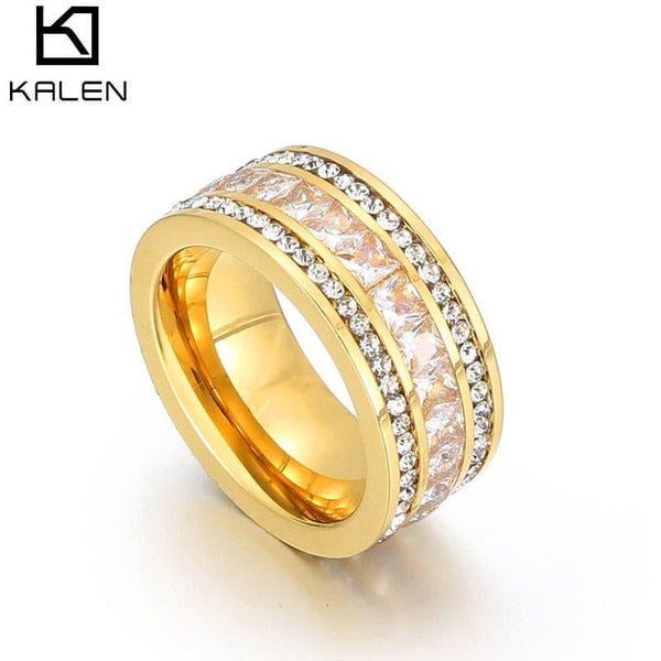 KALEN  Luxury Zircon Ring Gold Color Double Row Square CZ Stainless Steel Ring For Women Romantic Engageme Wedding Party Jewelry.