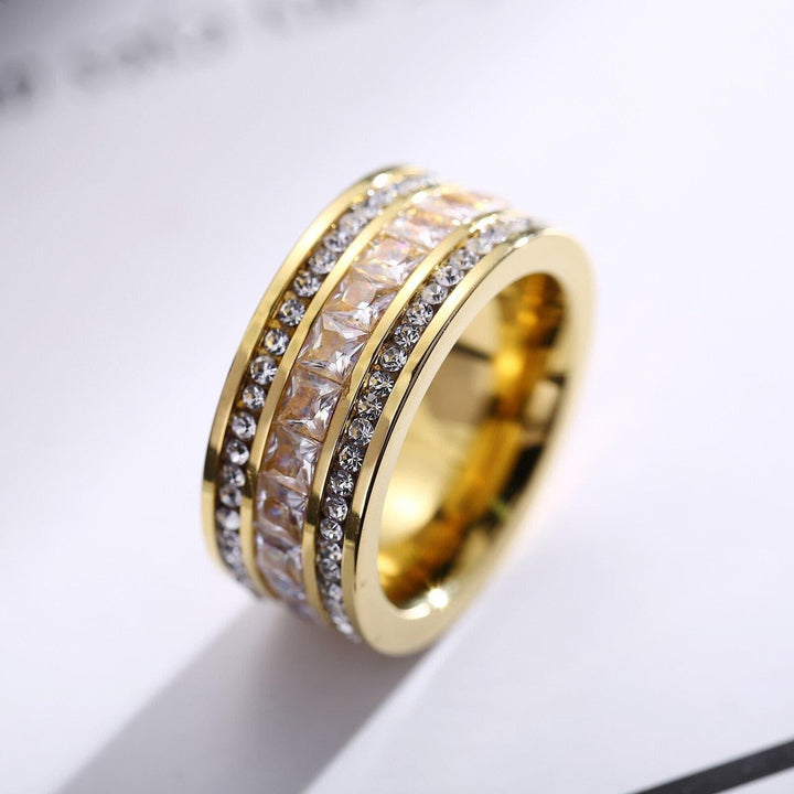 KALEN  Luxury Zircon Ring Gold Color Double Row Square CZ Stainless Steel Ring For Women Romantic Engageme Wedding Party Jewelry.