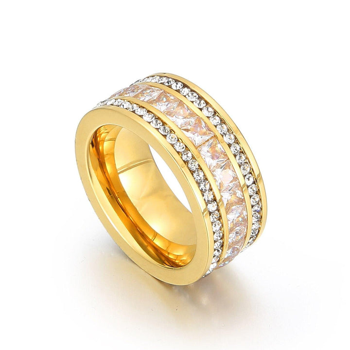 KALEN  Luxury Zircon Ring Gold Color Double Row Square CZ Stainless Steel Ring For Women Romantic Engageme Wedding Party Jewelry.