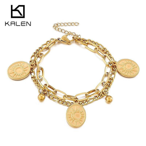 KALEN Multi-element 2 Layer Sun Sunshine Girl Bracelets Stainless Steel Silver Gold Colors Jewelry Thick Chain Bracelets Bangles.