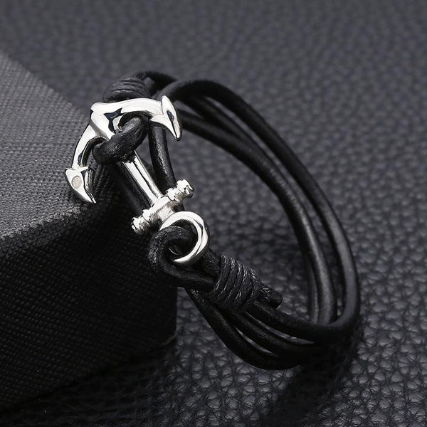 Kalen Multi Layer Leather Stainless Steel Anchor Bracelet For Men - kalen