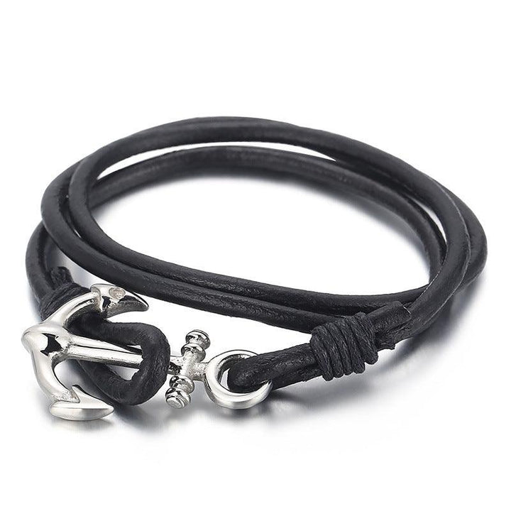 Kalen Multi Layer Leather Stainless Steel Anchor Bracelet For Men - kalen