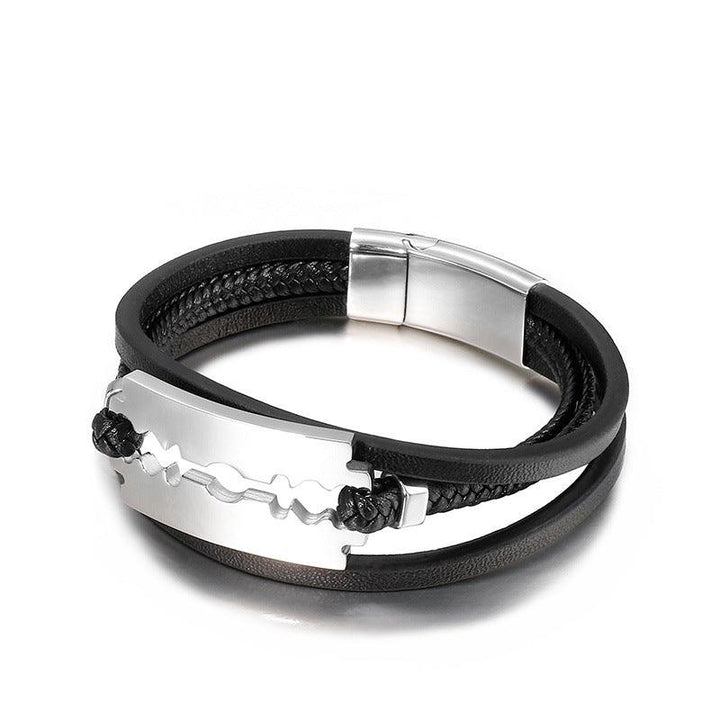 Kalen Multi Layer Leather Stainless Steel Blade Bracelet For Men - kalen