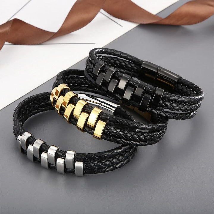 Kalen Multi Layer Leather Stainless Steel Bracelet For Men - kalen