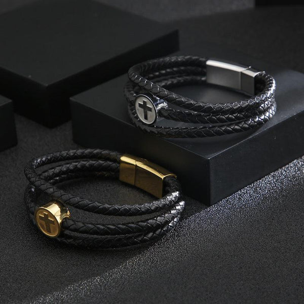 Kalen Multi Layer Leather Stainless Steel Cross Bracelet For Men - kalen