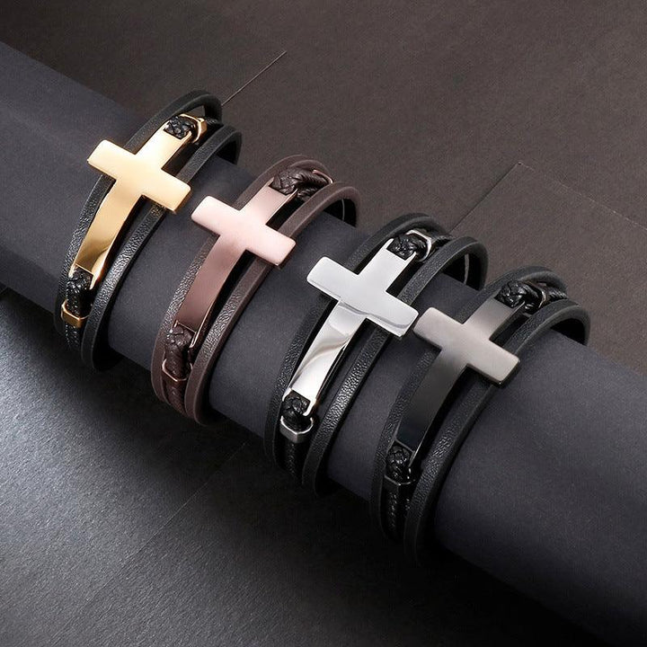 Kalen Multi Layer Leather Stainless Steel Cross Bracelet For Men - kalen