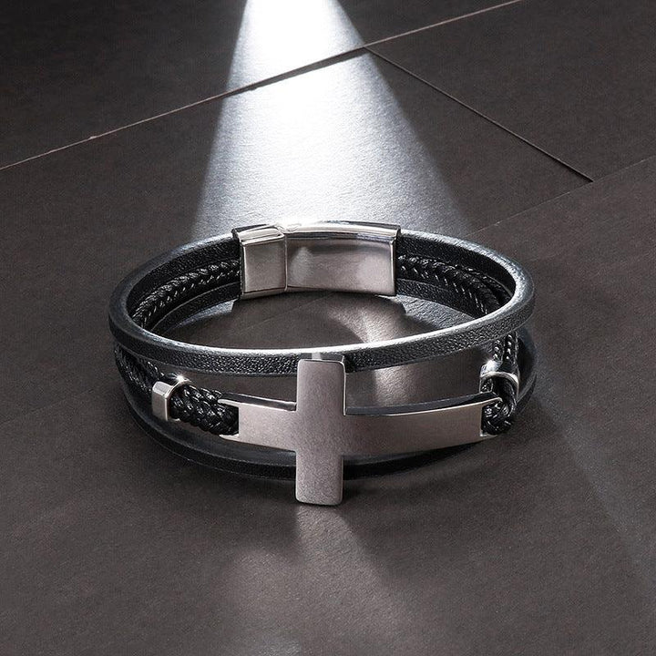 Kalen Multi Layer Leather Stainless Steel Cross Bracelet For Men - kalen