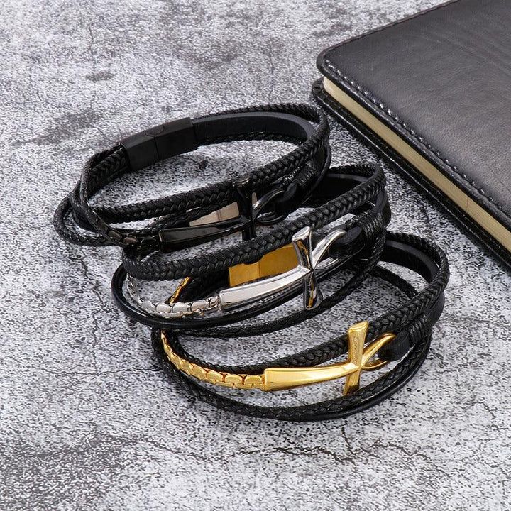 Kalen Multi Layer Leather Stainless Steel Cross Bracelet For Men - kalen