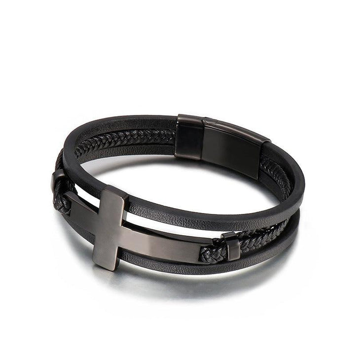 Kalen Multi Layer Leather Stainless Steel Cross Bracelet For Men - kalen