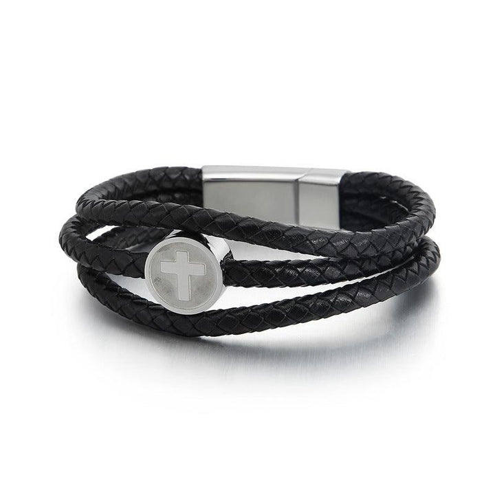 Kalen Multi Layer Leather Stainless Steel Cross Bracelet For Men - kalen