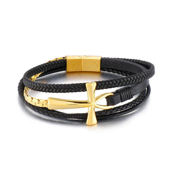 Kalen Multi Layer Leather Stainless Steel Cross Bracelet For Men - kalen