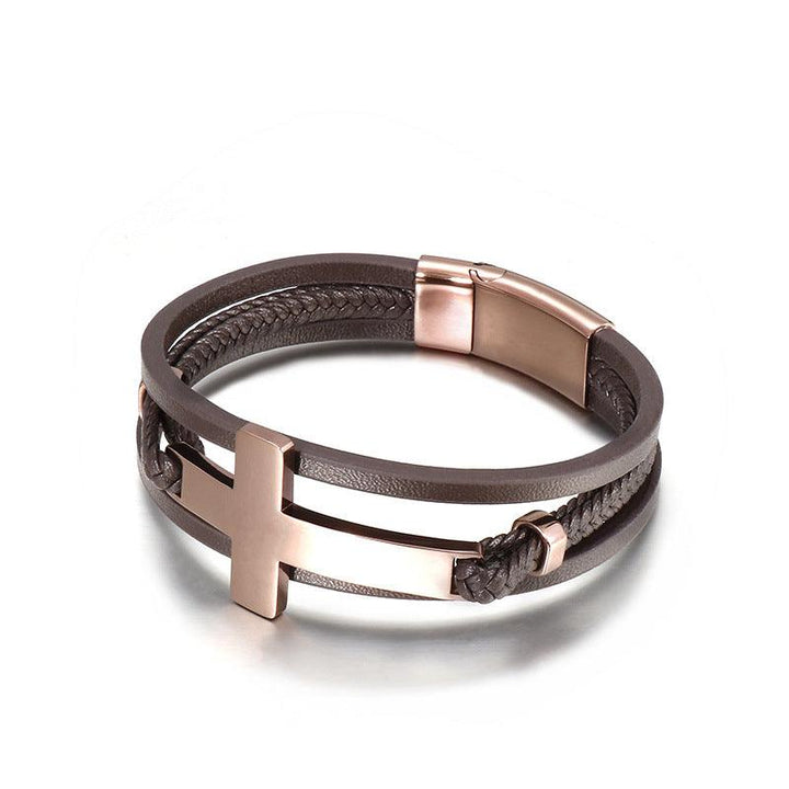 Kalen Multi Layer Leather Stainless Steel Cross Bracelet For Men - kalen