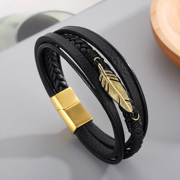 Kalen Multi Layer Leather Stainless Steel Feather Bracelet For Men - kalen